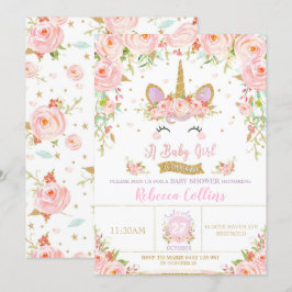Floral Pink Unicorn Baby shower Invitation Girl Kaart