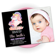 Floral Pink Unicorn Birthday Invitations w Foto
