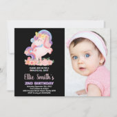 Floral Pink Unicorn Birthday Invitations w Foto Kaart (Voorkant)