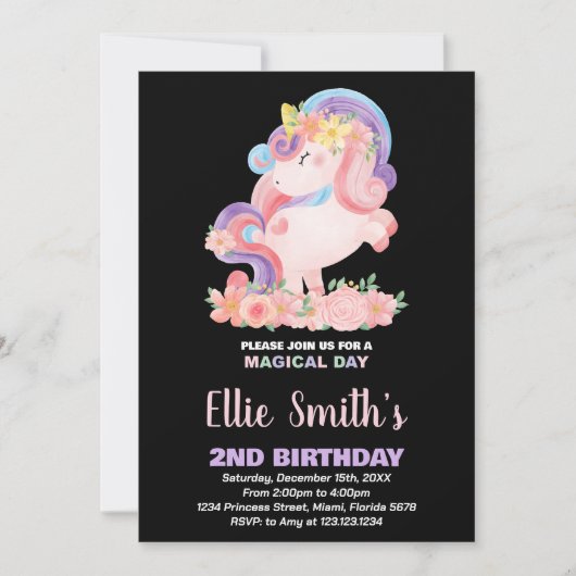 Floral Pink Unicorn Birthday Kaart (Voorkant)