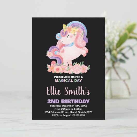 Floral Pink Unicorn Birthday Kaart (Staand voorkant)