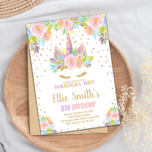 Floral Pink Unicorn Birthday Kaart