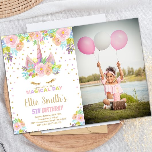 Floral Pink Unicorn Birthday Uitnodigingen met fot