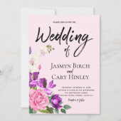 Floral Pink Violet Waterverf Romantic Wedding Kaart (Voorkant)