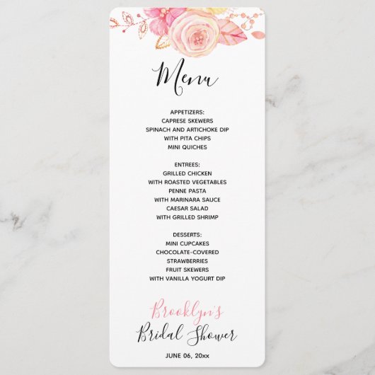Floral Pink Vrijgezellenfeest Menu Kaart (Voorkant)