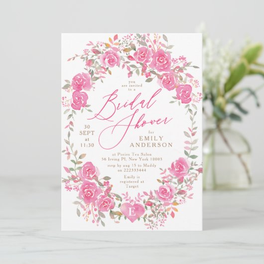 Floral Pink Waterverf Bridal Shower Kaart (Staand voorkant)