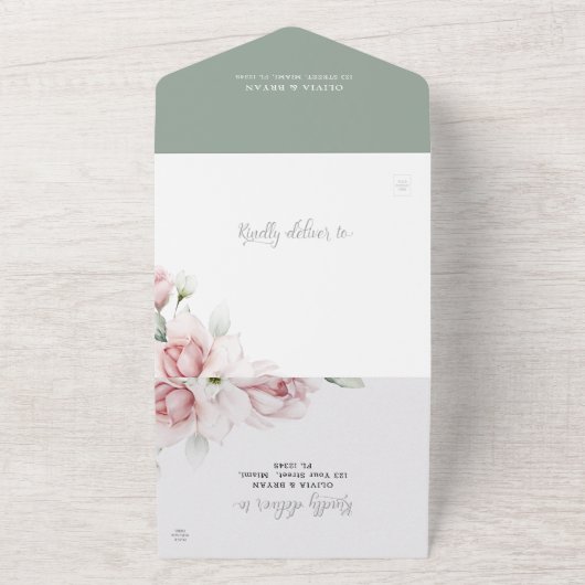 Floral Pink | Waterverf in één weddenschap All In One Uitnodiging (Buitenkant)