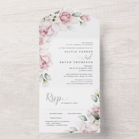 Floral Pink | Waterverf in één weddenschap All In One Uitnodiging (Binnen)