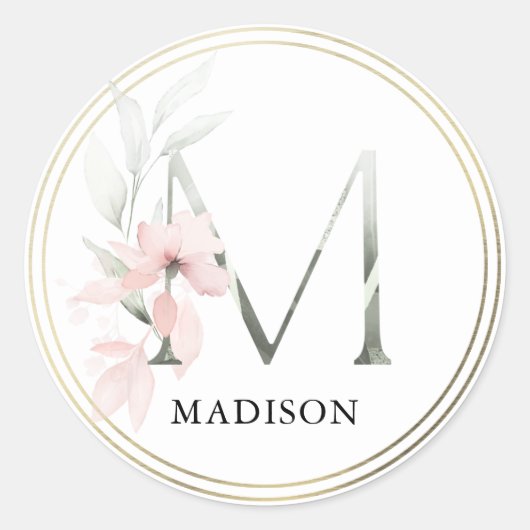 Floral Pink Waterverf Letter 'M' Monogram Ronde Sticker (Voorkant)