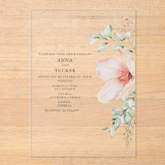Floral Pink Wedding Acryl Uitnodigingen (Voorkant)