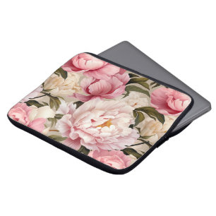 Floral Pink White Peony Flowers Feminine Designer Laptop Sleeve