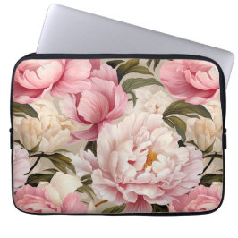 Floral Pink White Peony Flowers Feminine Designer Laptop Sleeve
