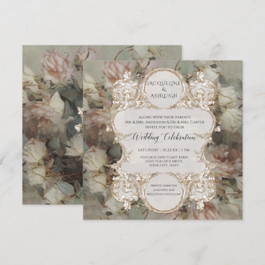 Floral Pink White Rose Gold Gilded  Script Kaart (Voorkant / Achterkant)