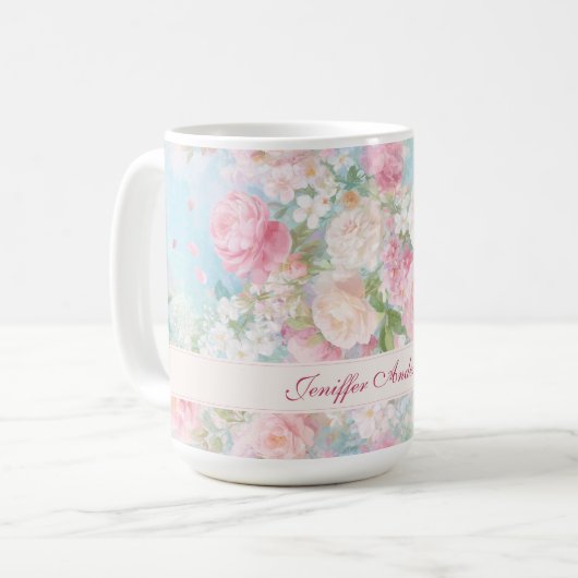 Floral Pink & White Roses with Custom Name Koffiemok (Voorkant links)