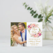 Floral Pink Wreath Gold Sla de datumfoto op Briefkaart (Staand voorkant)