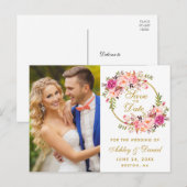 Floral Pink Wreath Gold Sla de datumfoto op Briefkaart (Voorkant / Achterkant)