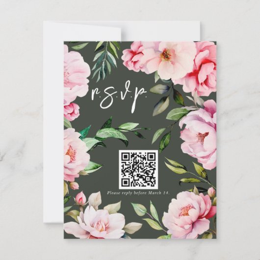 Floral Pioen Magnolia Groene Bruiloft QR RSVP Kaartje (Voorkant)