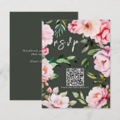 Floral Pioen Magnolia Groene Bruiloft QR RSVP Kaartje (Voorkant / Achterkant)