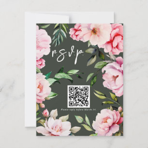 Floral Pioen Magnolia Groene Bruiloft QR RSVP Kaartje