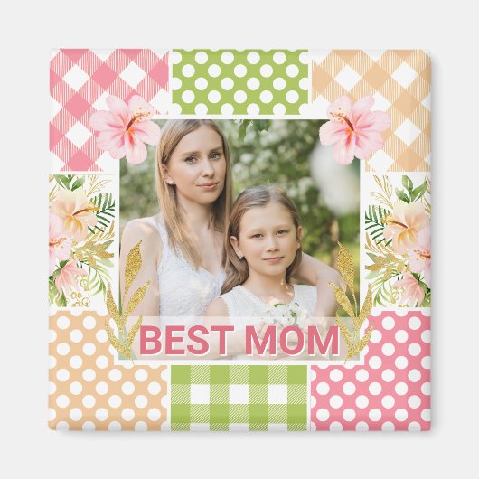 Floral & Plaid Photo Frame Mother's Day Magneet (Voorkant)
