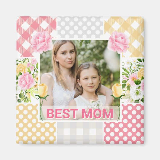 Floral & Plaid Photo Frame Mother's Day Magneet (Voorkant)