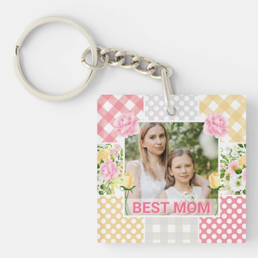 Floral & Plaid Photo Frame Mother's Day Sleutelhanger (voorkant)