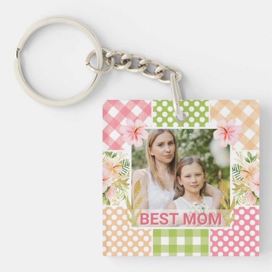 Floral & Plaid Photo Frame Mother's Day Sleutelhanger (voorkant)