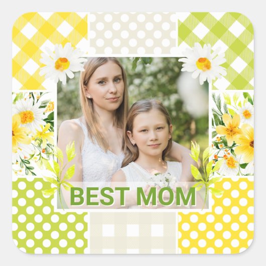 Floral & Plaid Photo Frame Mother's Day Vierkante Sticker (Voorkant)