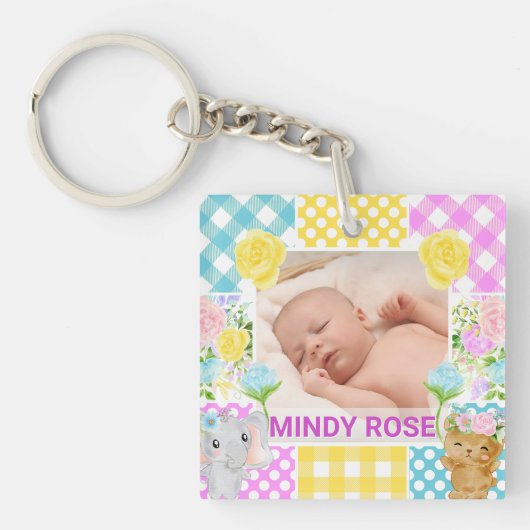 Floral & Plaid Photo Frame Newborn Baby Sleutelhanger (voorkant)