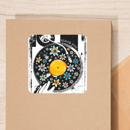 Floral Platenspeler Bedankt Verjaardag Vinyl Recor Vierkante Sticker