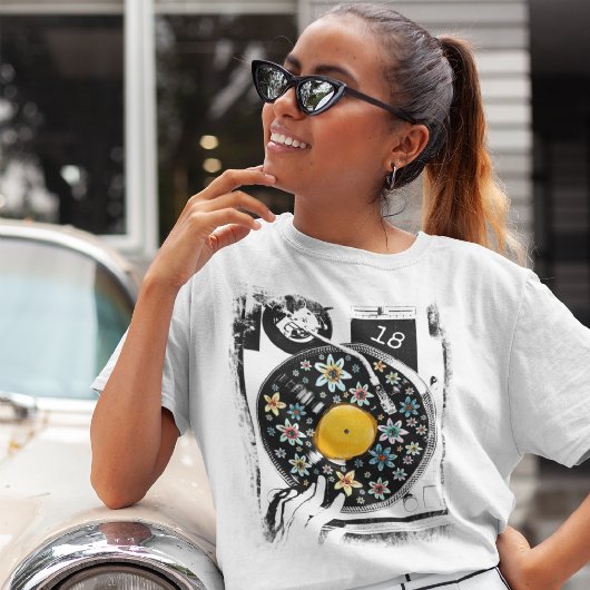 Floral Platenspeler Verjaardag Custom Vinyl Record T-shirt