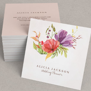 Floral plum en rode waterverf bruiloft planner vierkante visitekaartje