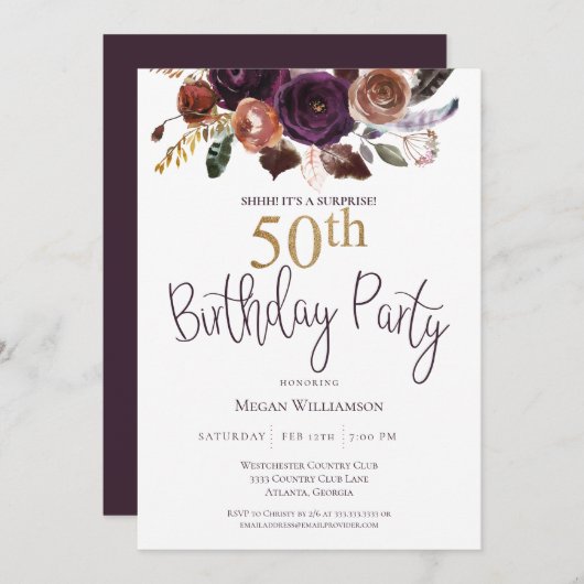 Floral Plum Gold Surprise 50e verjaardag Kaart (Voorkant / Achterkant)