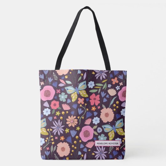 Floral & Plum Name Tote Bag (Voorkant)