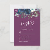 Floral Plum Navy Blue Waterverf Wedding RSVP Kaart (Voorkant)