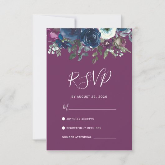 Floral Plum Navy Blue Waterverf Wedding RSVP Kaart (Voorkant)