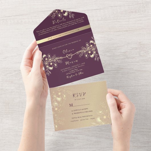 Floral Plum Paars Wedding All In One Uitnodiging (Afscheurbaar)