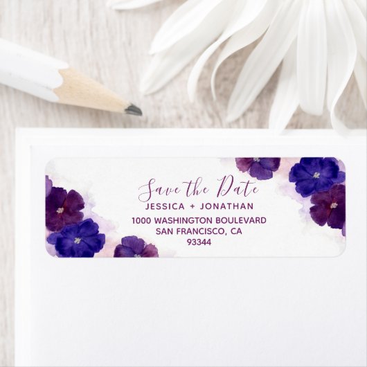 Floral Plum Paarse SAVE THE DATE Bruiloft Etiket (Insitu)