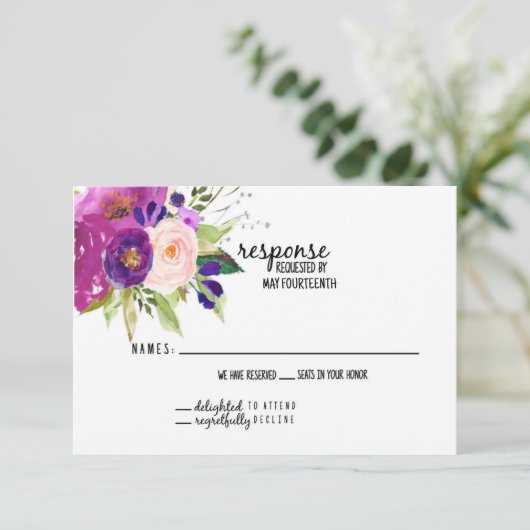 Floral Plum Waterverf Bruiloft RSVP Kaart (Staand voorkant)