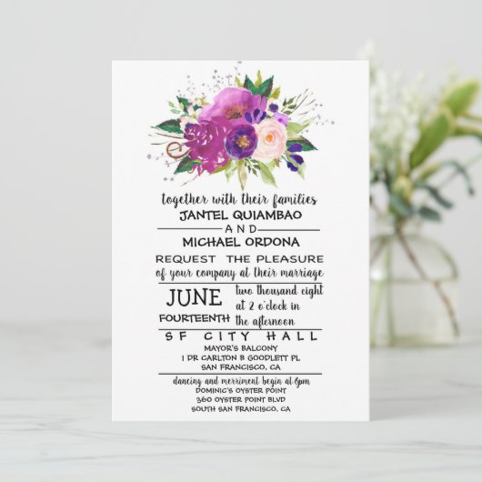 Floral Plum Waterverf bruiloft uitnodiging (Staand voorkant)