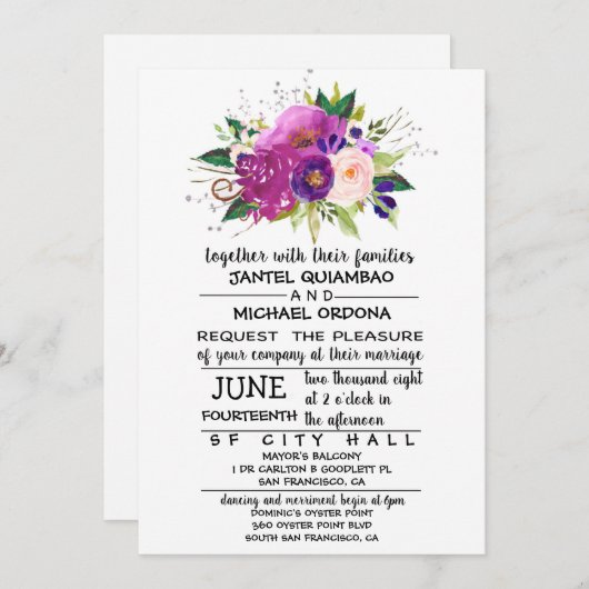 Floral Plum Waterverf bruiloft uitnodiging (Voorkant / Achterkant)