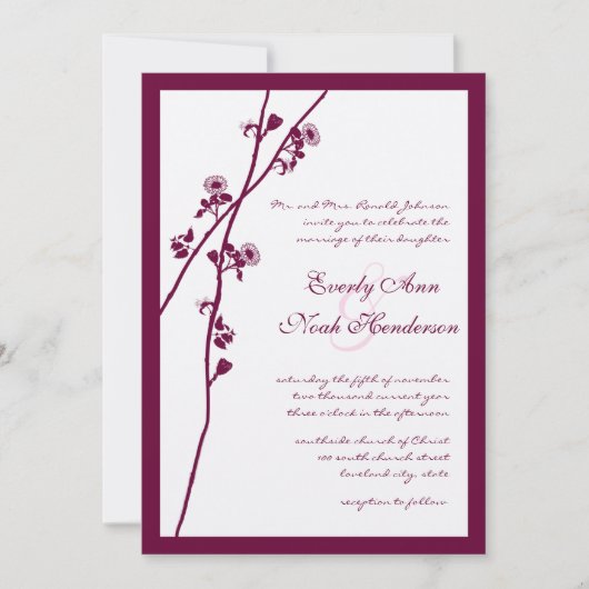 Floral Plum Wildflower Branches Wedding Invitation Kaart (Voorkant)