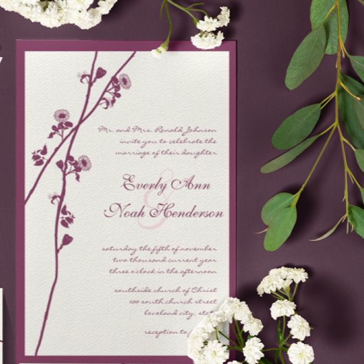 Floral Plum Wildflower Branches Wedding Invitation Kaart