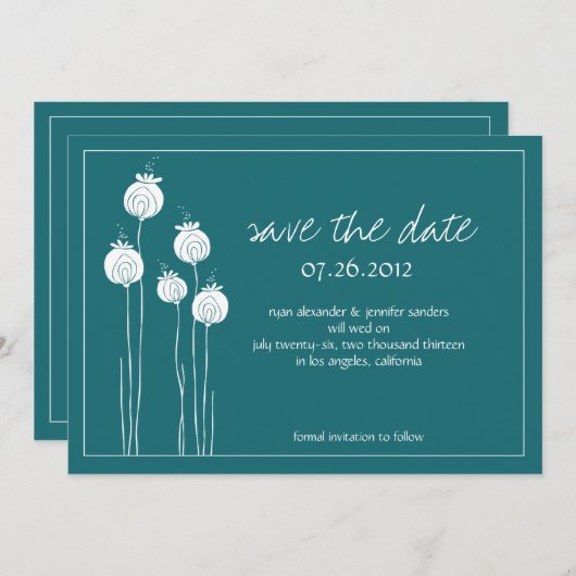 Floral Pods Blauwgroen sparen de Datum Save The Date (Voorkant / Achterkant)