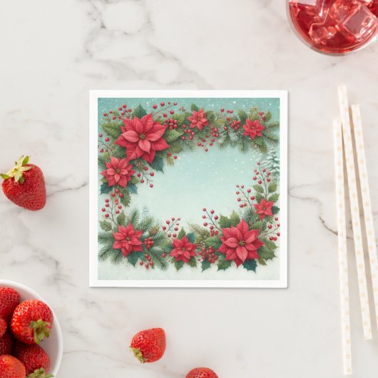 Floral Poinsettia Frosty Pine Border Découpage Servet (Insitu)