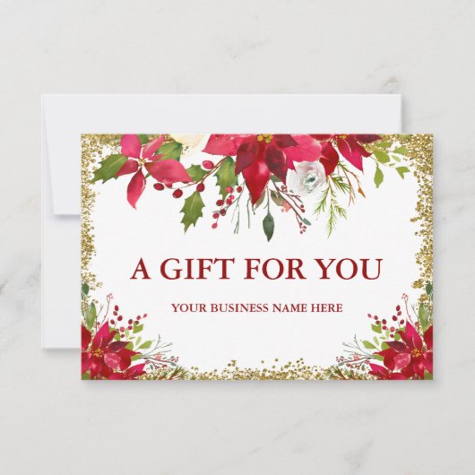 Floral Poinsettia Gold Glitter Gift Certificate Kaart (Voorkant)