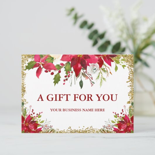 Floral Poinsettia Gold Glitter Gift Certificate Kaart (Staand voorkant)