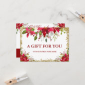 Floral Poinsettia Gold Glitter Gift Certificate Kaart (Voorkant / Achterkant in situ)