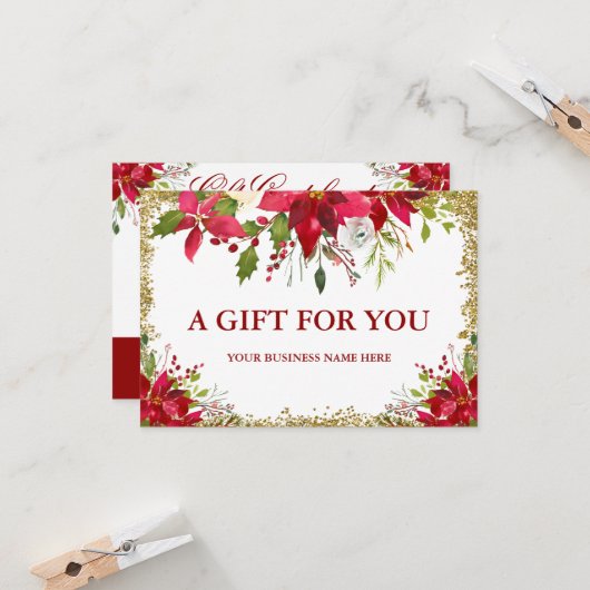 Floral Poinsettia Gold Glitter Gift Certificate Kaart (Voorkant / Achterkant in situ)