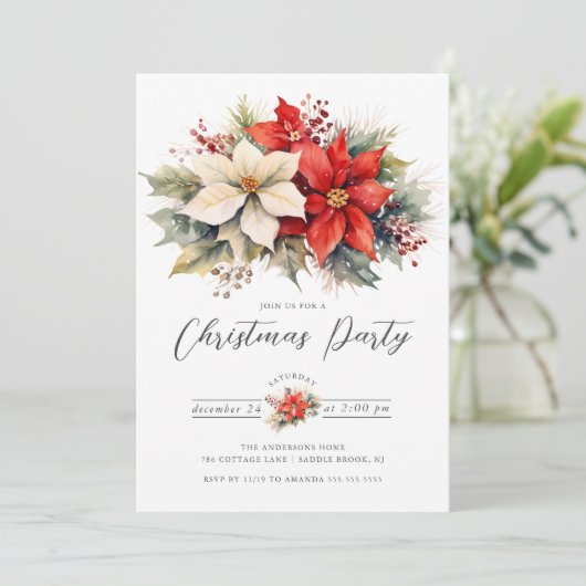 Floral Poinsettia Kerstfeest Kaart (Staand voorkant)